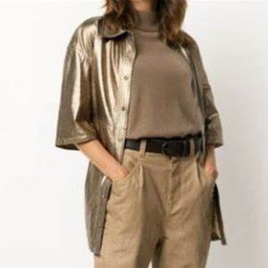 Brunello Cucinelli Snap Front Metallic Gold Sheen Leather Shirt Jacket Sz M